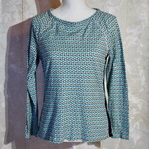 T by Talbots Women's M Teal Black White Geometric Long Sleeve Tee